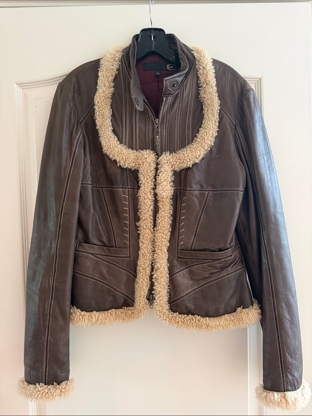 Just Cavalli Dark Brown Leather Jacket with Cream Shearling Trim